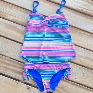 a.n.a. Striped 2 Piece Tankini Top Medium Bottom Medium Pink/Blue/Purple/Orange